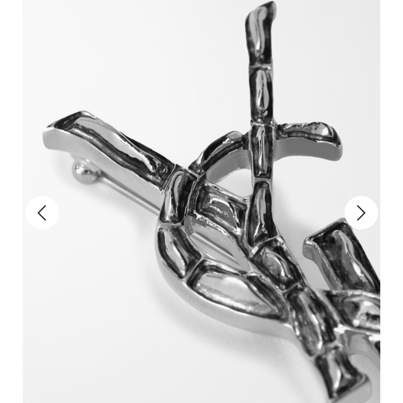 New With Box SAINT LAURENT Brooch Pin Silver & Black YSL Pin Logo & Pouch/box - Picture 8 of 11